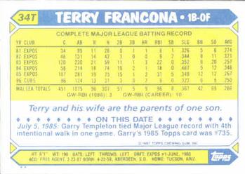 1987 Topps Traded #34T Terry Francona Back