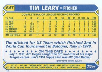 1987 Topps Traded #64T Tim Leary Back