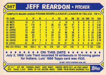 1987 Topps Traded #98T Jeff Reardon Back