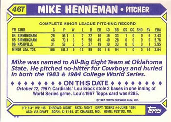 1987 Topps Traded #46T Mike Henneman Back