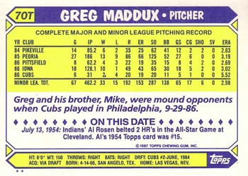 1987 Topps Traded #70T Greg Maddux Back