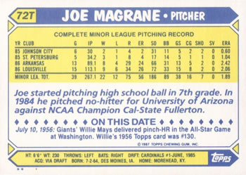 1987 Topps Traded #72T Joe Magrane Back