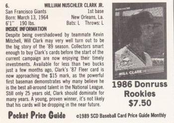 1989 SCD Baseball Card Price Guide Monthly #6 Will Clark Back