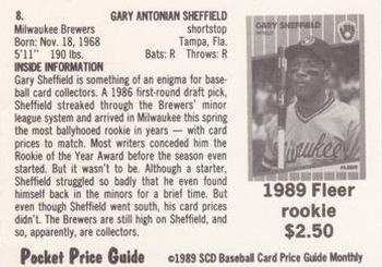 1989 SCD Baseball Card Price Guide Monthly #8 Gary Sheffield Back