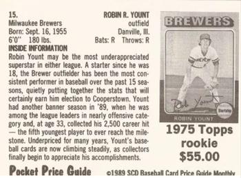 1989 SCD Baseball Card Price Guide Monthly #15 Robin Yount Back