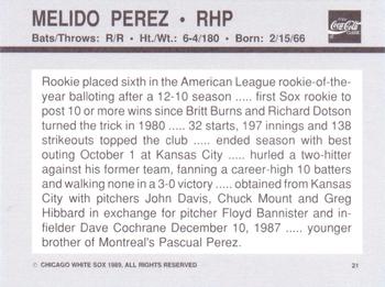 1989 Coca-Cola Chicago White Sox  #21 Melido Perez Back
