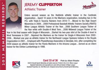 2013 Brandt Memphis Redbirds #33 Jeremy Clipperton Back