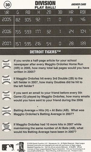 2008 Sports Equation Math Learning Cards: Multiplication & Division #30 Magglio Ordonez Back
