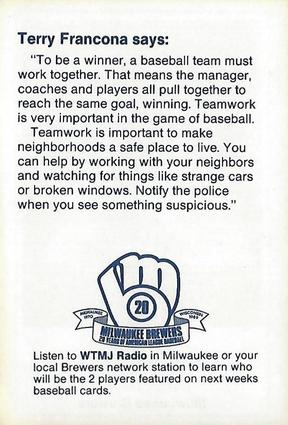 1989 Milwaukee Brewers Police - Hales Corners Police Department and Tri City National Bank of Hales Corners #NNO Terry Francona Back