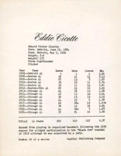 1974 Capital Publishing #33 Eddie Cicotte Back