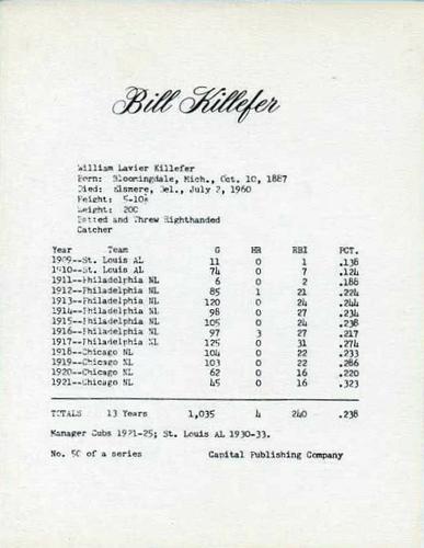 1974 Capital Publishing #50 Bill Killefer Back