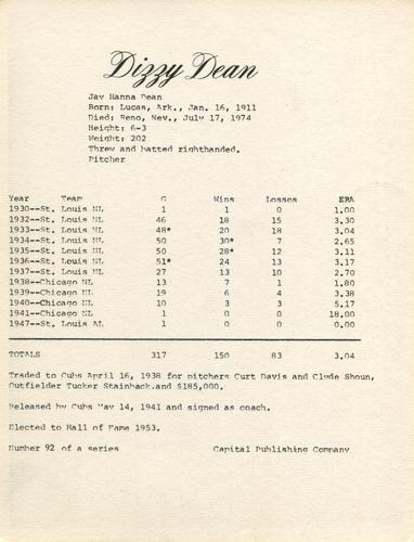 1974 Capital Publishing #92 Dizzy Dean Back