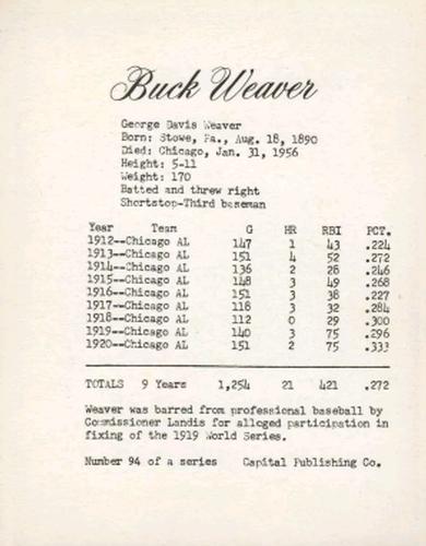 1974 Capital Publishing #94 Buck Weaver Back