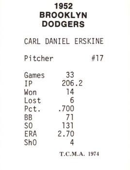 1974 TCMA 1952 Brooklyn Dodgers #NNO Carl Erskine Back