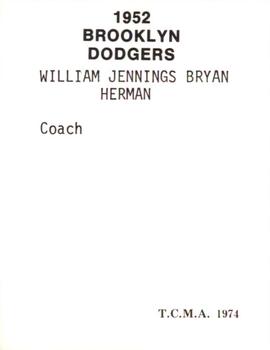 1974 TCMA 1952 Brooklyn Dodgers #NNO Billy Herman Back