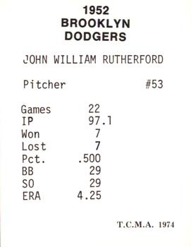 1974 TCMA 1952 Brooklyn Dodgers #NNO Johnny Rutherford Back