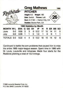 1990 Louisville Redbirds #26 Greg Mathews Back