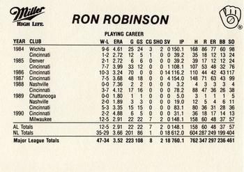 1991 Miller High Life Milwaukee Brewers #NNO Ron Robinson Back