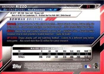 2016 Bowman #21 Anthony Rizzo Back