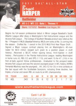 2011 MultiAd South Atlantic League All-Stars North #1 Bryce Harper Back