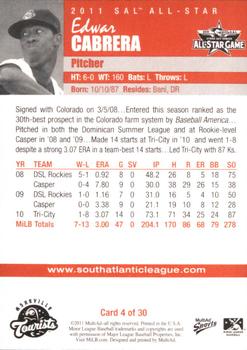 2011 MultiAd South Atlantic League All-Stars South #4 Edwar Cabrera Back