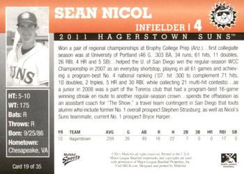 2011 MultiAd Hagerstown Suns #19 Sean Nicol Back