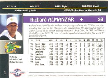 2000 Blueline Q-Cards Norwich Navigators #1 Richard Almanzar Back