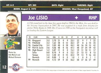 2000 Blueline Q-Cards Norwich Navigators #12 Joe Lisio Back