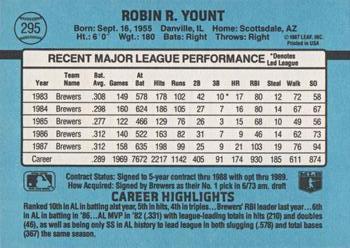 1988 Donruss #295 Robin Yount Back