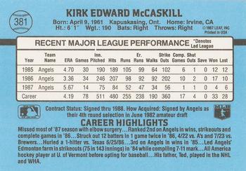 1988 Donruss #381 Kirk McCaskill Back