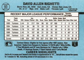 1988 Donruss #93 Dave Righetti Back