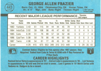 1988 Donruss #443 George Frazier Back