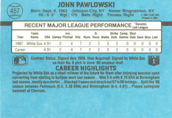 1988 Donruss #457 John Pawlowski Back