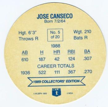 1989 Holsum Discs #5 Jose Canseco Back