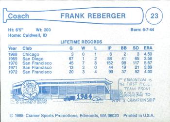 1985 Cramer Edmonton Trappers #23 Frank Reberger Back