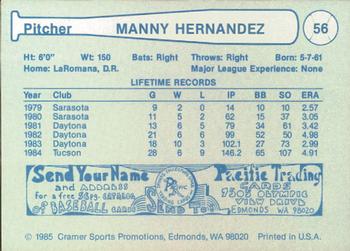 1985 Cramer Tucson Toros #56 Manny Hernandez Back