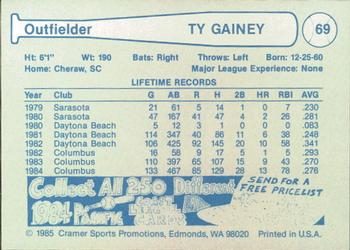 1985 Cramer Tucson Toros #69 Ty Gainey Back