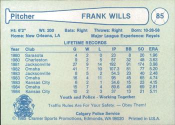 1985 Cramer Calgary Cannons #85 Frank Wills Back