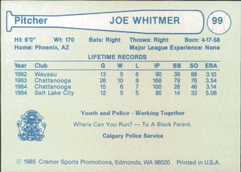 1985 Cramer Calgary Cannons #99 Joe Whitmer Back