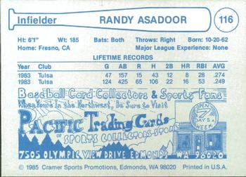 1985 Cramer Las Vegas Stars #116 Randy Asadoor Back