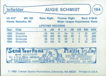 1985 Cramer Phoenix Giants #194 Augie Schmidt Back