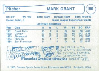 1985 Cramer Phoenix Giants #199 Mark Grant Back