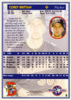 2000 Blueline Q-Cards Binghamton Mets #8 Corey Brittan Back