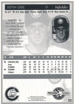 2000 Blueline Q-Cards Columbus Clippers #22 Kevin Orie Back