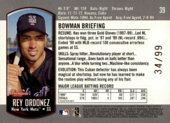 2000 Bowman - Gold #39 Rey Ordonez  Back