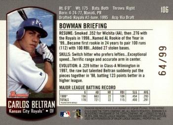 2000 Bowman - Gold #106 Carlos Beltran  Back