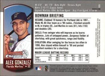 2000 Bowman Chrome - Refractors #11 Alex Gonzalez  Back