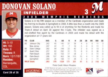 2009 MultiAd Memphis Redbirds #28 Donovan Solano Back