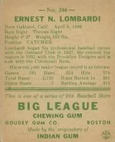 1938 Goudey Heads-Up (R323) #246 Ernie Lombardi Back