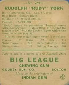 1938 Goudey Heads-Up (R323) #284 Rudy York Back